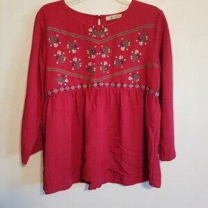 Polagram Floral Embroidered Boho Cottage Core Red Large Peplum Blouse